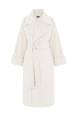 молочный Шуба из экомеха на запах. Удобный вариант для повседневного городского стиля. Классический крой, английский воротник и длинный пояс. Легко впишется в базовый гардероб.