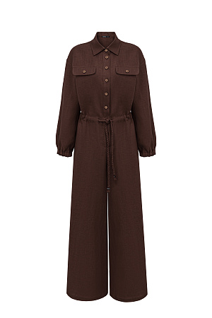 коричневый Комбинезон из 100% льна с накладными карманами на груди, длинным рукавом. Застежка на пуговицы.