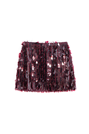 бордовый Вечерняя юбка длины мини, декорированная крупными пайетками и бахромой. Изделие выполнено на подкладке. Застежка сбоку на молнию и скрытый крючок.