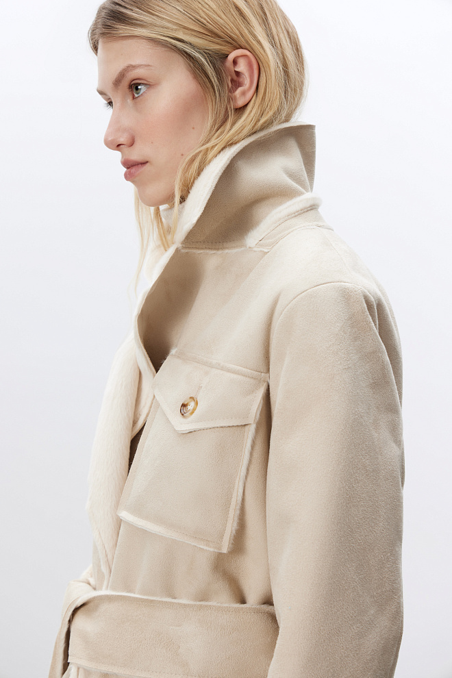 Дубленка из экомеха с поясом