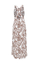 Принтованный сарафан с перекрутом на талии. Приталенная по крою модель в длине макси с круглым вырезом, открытой спиной и широкими перекрестными бретелями.