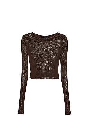 коричневый Трикотажный топ из вискозы. Модель прямого силуэта, с длинными рукавами и круглым вырезом горловины. Изделие выполнено ажурной вязкой.