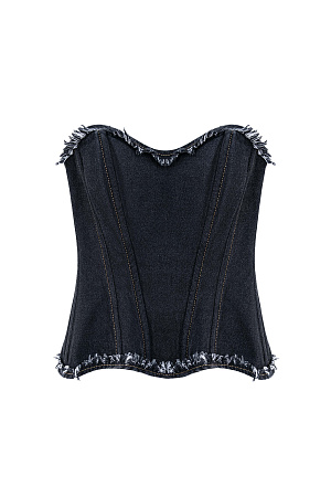 черный Джинсовый корсет из 100% хлопка. Модель без бретелей, с фигурным вырезом по верхнему краю. Верхний и нижний края декорированы бахромой. Рельефные швы спереди формируют силуэт.
