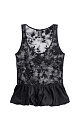 Кружевной топ с цветочным орнаментом, расшитый пайетками. Модель с глубоким U-вырезом на широких бретельках. Изделие декорировано баской.