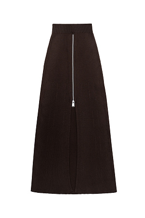 коричневый Трикотажная юбка длины миди с разрезом спереди. Модель трапецивидной формы с эластичным поясом в рубчик и застежкой на молнию. 
