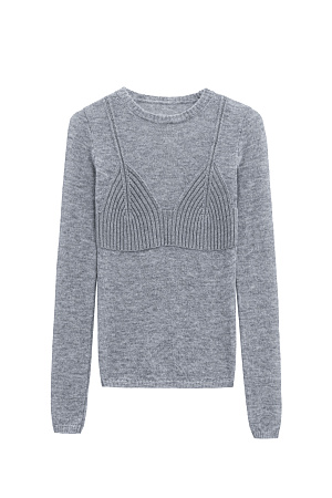 серый Тонкий трикотажный джемпер из шерсти мериноса экстрафайн и альпака суперфайн. Модель по фигуре с круглым вырезом горловины и длинными рукавами. Изделие декорировано акцентной деталью в рубчик, имитирующей форму бюстье на тонких бретельках. 