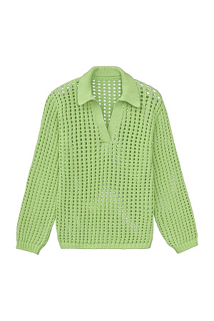 зеленый Джемпер в сетку из 100% хлопка с V-образным вырезом и воротником-поло. Длинные рукава на манжетах, узкая резинка в рубчик по низу.
