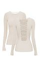 Трикотажный топ из тонкого трикотажа на основе вискозы. Модель с длинным рукавом и круглым вырезом горловины. Изделие декорировано вывязанным узором на груди и глубоким вырезом со шнуровкой на спине.