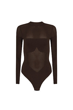 коричневый Трикотажное боди из вискозы. Модель с длинным рукавом и невысоким воротником, края изделия в рубчик. Застежка на бельевые крючки. Модель выполнена в комбинированной вязке: сетку и гладью в мелкий рубчик в области груди и низа изделия.