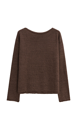коричневый Трикотажный джемпер из 100% льна. Модель свободного кроя, со спущенной линий плеч и неглубоким вырезом горловины. Края изделия декорированы валиками. 