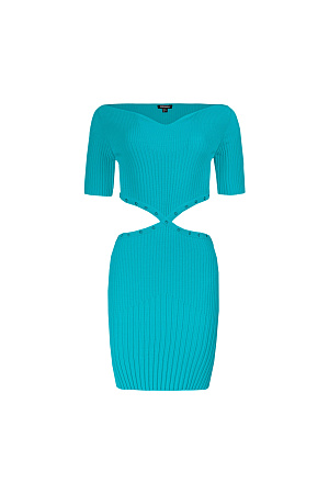 изумрудный Трикотажное платье в широкий рубчик с вырезами по бокам и короткими рукавами. 