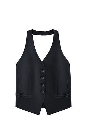 черный Жилет из поливискозы с открытой спиной и вырезом халтер. Модель приталенного силуэта с глубокой проймой, V-образным вырезом горловины и прорезными карманами. Застежка на пуговицы.