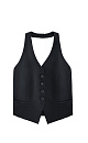 Жилет из поливискозы с открытой спиной и вырезом халтер. Модель приталенного силуэта с глубокой проймой, V-образным вырезом горловины и прорезными карманами. Застежка на пуговицы.