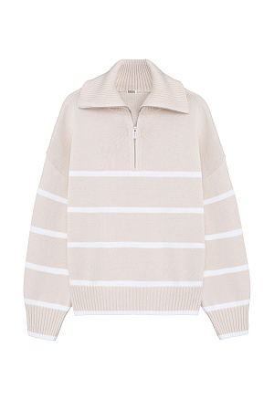 бежевый Трикотажный джемпер из 100% хлопка в полоску. Модель свободного силуэта со спущенной линией плеча и воротником-стойкой на молнии.