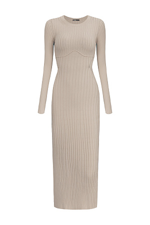 бежевый Трикотажное платье с открытой спиной. Круглый вырез и длинные рукава.