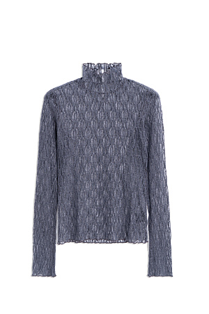 серый Топ из полупрозрачного кружева. Модель с длинными расклешенными к манжетам рукавами и воротником-стойкой с пуговицами. Изделие без подкладки.