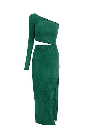 зеленый Длинное платье из бархатной вискозы с вырезом на плече и разрезом на ноге.