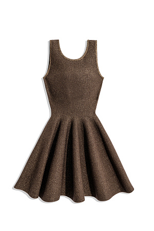 коричневый Трикотажное платье длины мини с люрексом. Модель по фигуре с юбкой, расклешенной от талии, без рукавов, на широких бретельках.