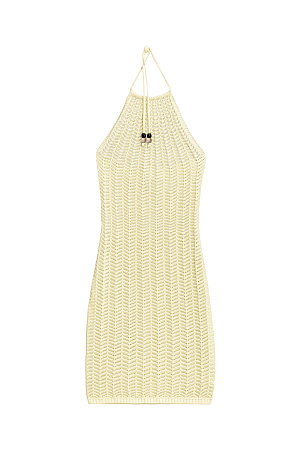 желтый Трикотажное ажурное платье из хлопка. Модель приталенного силуэта, без рукавов, с открытой спиной и вырезом халтер на тонких завязках с бусинами.