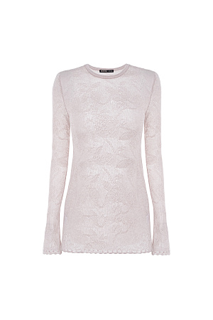 бежевый Ажурная водолазка из мягкой пряжи из беби альпака и супер кид мохера с вывязанным цветочным узором. Модель приталенного силуэта с длинными рукавами и круглым вырезом горловины. Манжеты рукавов и низ изделия декорированы ажурной каймой.