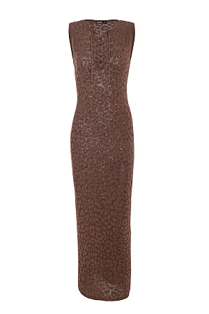 коричневый Трикотажное ажурное платье длины макси из органического хлопка. Модель приталенного силуэта, без рукавов, разрезом сзади и на груди. Изделие декорировано жаккардовым рисунком, имитирующим пятна леопарда. <br />
Органический хлопок - более экологичная и безопасная альтернатива обычному хлопку, выращенная без использования химикатов.