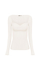 Трикотажный топ из вискозы. Модель приталенного силуэта с вывязанным открытым декольте, длинными рукавами и разрезом на манжетах.