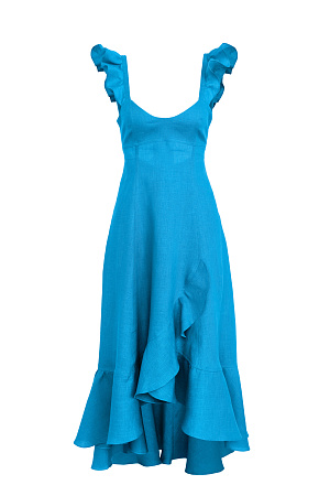 голубой Сарафан длины миди из 100%&nbsp;&nbsp;льна. Модель без рукавов на широкиз лямках с оборками, открытой спиной, асимметричным низом и воланами на юбке. 