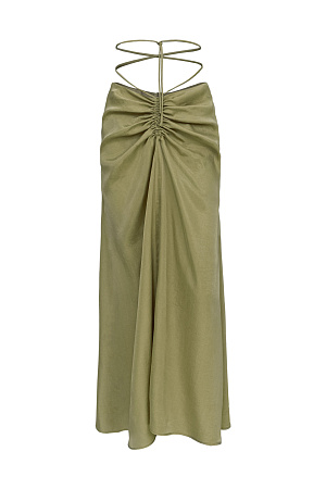 хаки Юбка из 100% купры с драппировкой и кулиской по середине. Дополнить образ можно рубашкой из такого же материала.