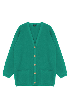зеленый Трикотажный кардиган из хлопка с добавлением вискозы. Модель свободного силуэта, со спущенной линией плеч, V-образным вырезом и накладными караманами. Застежка на пуговицы.