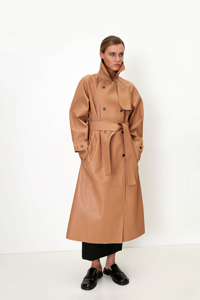 Oversize тренч из двусторонней экокожи без подкладки