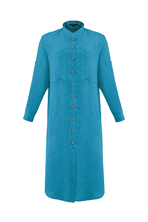 голубой Платье-рубашка из 100% льна с карманами на груди