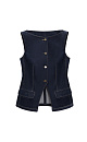 Джинсовый жилет из 100% хлопка. Модель приталенного силуэта с акцентыными вертикальными вытачками, вырезом горловины лодочка и имитацией карманов с клапанами. Застежка на металлические пуговицы. 
