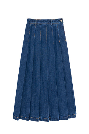 синий Джинсовая юбка плиссе из 100% хлопка. Модель расклешенного силуэта с боковой застежкой на молнию и пуговицу. Шлевки на поясе для ремня.