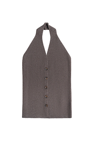 коричневый Трикотажный жилет в рубчик из шерсти и кашемира. Модель по фигуре с V-образным вырезом и американской проймой. Застежка на пуговицы. 