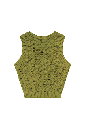 хаки Трикотажный ажурный топ из хлопка с добавлением эластана. Модель приталенного силуэта, без рукавов, с неглубоким круглым вырезом горловины. Изделие выполнено объемным вязанием с волнистым узором и краями в рубчик. 