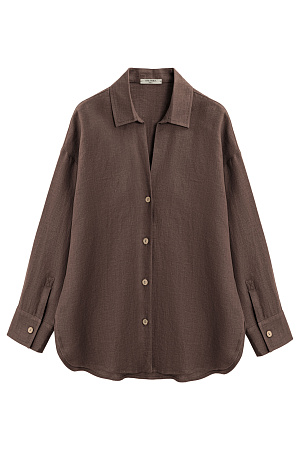 коричневый Рубашка из 100% льна. Модель свободного кроя, с отложным воротником, V-образным вырезом, длинными рукавами с манжетами на пуговицах.