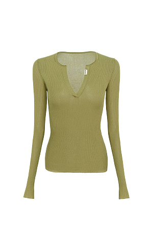 хаки Трикотажный полупрозрачный лонгслив из хлопка с добавлением полиамида. Модель приталенного силуэта с длинными рукавами, V-образным вырезом и брендированным ярлыком на планке.