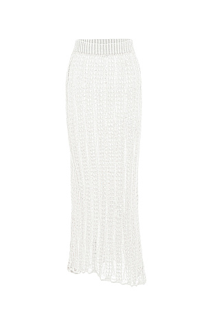 белый Полупрозрачная ажурная юбка. Модель приталенного силуэта длины миди с эластичным поясом в рубчик. Дополнить образ можно джемпером в таком же стиле.