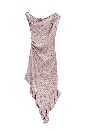 розовый Платье с принтом из 100% креповой вискозы длины миди. Модель прямого силуэта, без рукавов, на широких бретельках с перекрутом, асимметричной юбкой, оборками и драпировкой на талии. 