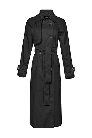 черный Классический тренч из водоотталкивающего текстиля. Модель прямого силуэта с поясом, отложной воротник, двубортная застежка на пуговицах и боковые карманы.