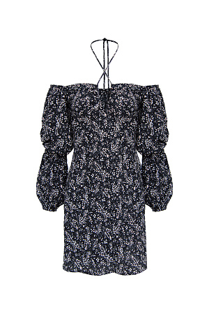 черный Платье из вискозы в горошек, с рукавами-фонариками и тонкой лентой-завязкой.