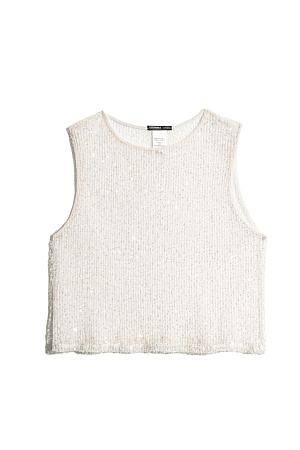 молочный Прозрачный топ без рукавов, с круглым вырезом горловины. Модель декорирована пайетками. 
