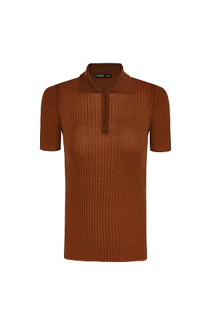 коричневый Трикотажное поло из смесовой шерсти. Модель приталенного силуэта, с коротким рукавом, отложным воротником и застежкой на пуговицы на планке. 