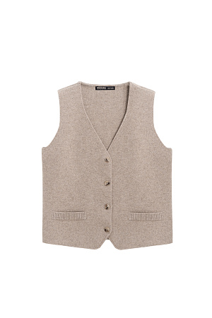бежевый Трикотажный жилет из смесовой шерсти с кашемиром. Модель прямого кроя с V-образным вырезом и застежкой на пуговицы. Имитация карманов. Без подкладки.
