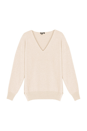 бежевый Кашемировый джемпер с V-образным вырезом и спущенным плечом. 