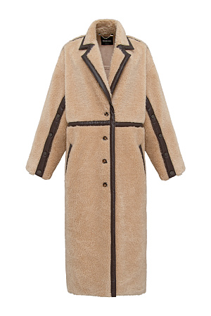 бежевый Пальто из натуральной шерсти. Модель прямого силуэта с английским воротником, боковыми карманами и декоративными элементами из экокожи. Рукава изделия выполнены на кнопках.