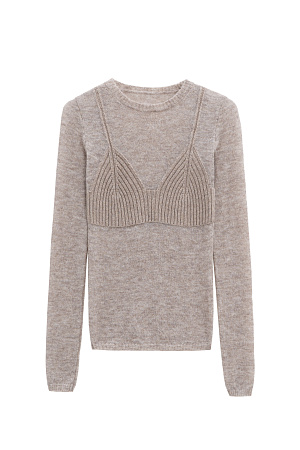 бежевый Тонкий трикотажный джемпер из шерсти мериноса экстрафайн и альпака суперфайн. Модель по фигуре с круглым вырезом горловины и длинными рукавами. Изделие декорировано акцентной деталью в рубчик, имитирующей форму бюстье на тонких бретельках. 