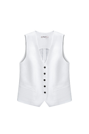 белый Классический жилет из 100% льна. Модель прямого кроя, с V-образным вырезом, карманами и застежкой на пуговицы.
