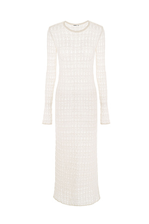 молочный Ажурное платье длины миди из тонкой пряжи супер кид мохера и беби альпака. Модель приталенного силуэта, с длинными рукавами и круглым вырезом горловины. Платье-комбинация из вискозы в комплекте. 