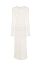 Ажурное платье длины миди из тонкой пряжи супер кид мохера и беби альпака. Модель приталенного силуэта, с длинными рукавами и круглым вырезом горловины. Платье-комбинация из вискозы в комплекте. 